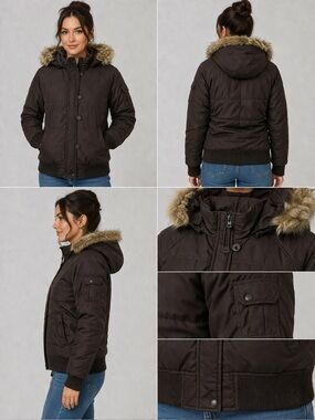 LFL by Lust for Life Brown Hooded Puffer with Faux Fur Trim L